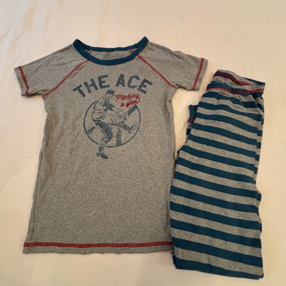 Gymboree Gray & Blue Striped Short Sleeve Pajama Set size 10 Baseball pitcher